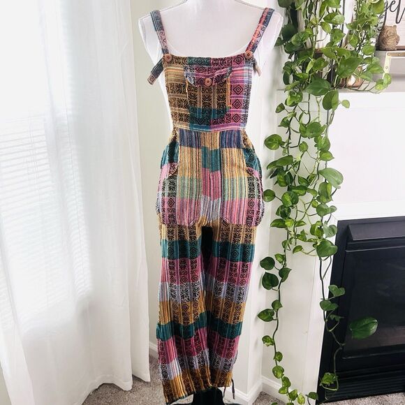 Colorful Patchwork Soft Cotton Boho Hippie Overall Jumpsuit - Size Small - Picture 2 of 8